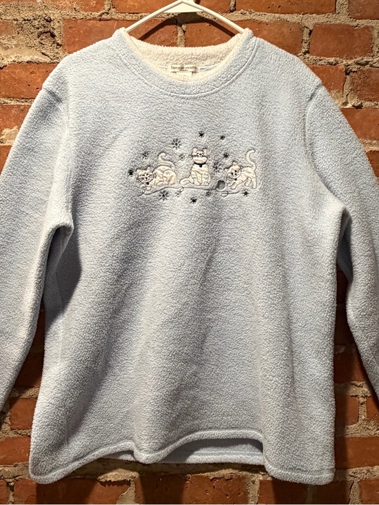 Bonnie Evans Sweaters - Cozy Light Blue Crewneck Sweater with Cat Embroidery -